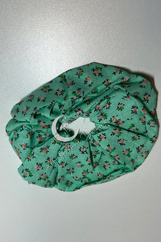 pink roses on mint color fabric scrunchie