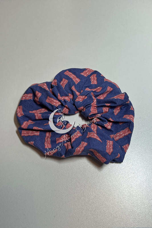 blue fabric with bacon strips scrunchie