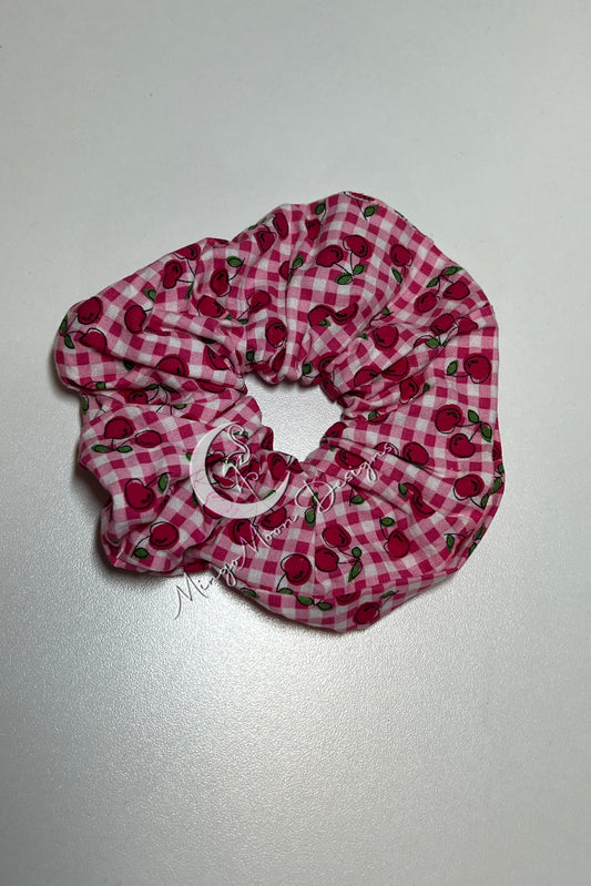 Pink and white plaid with cherries scrunchie