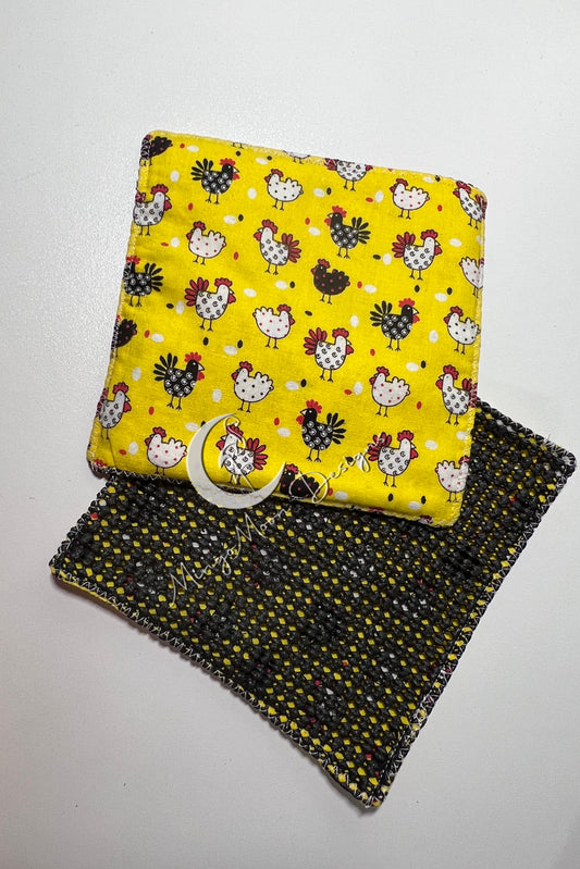 Yellow fabric - black and white chickens with a slip grip back jar opener