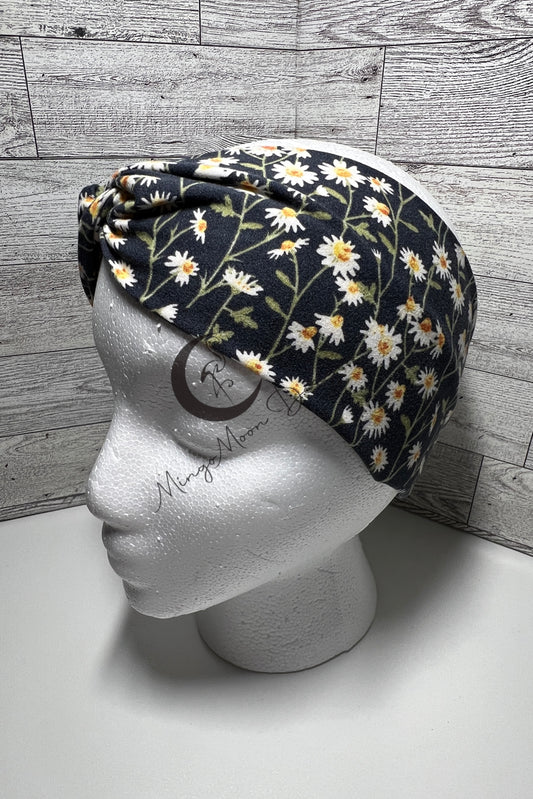 blue fabric with white daisies twisted headband