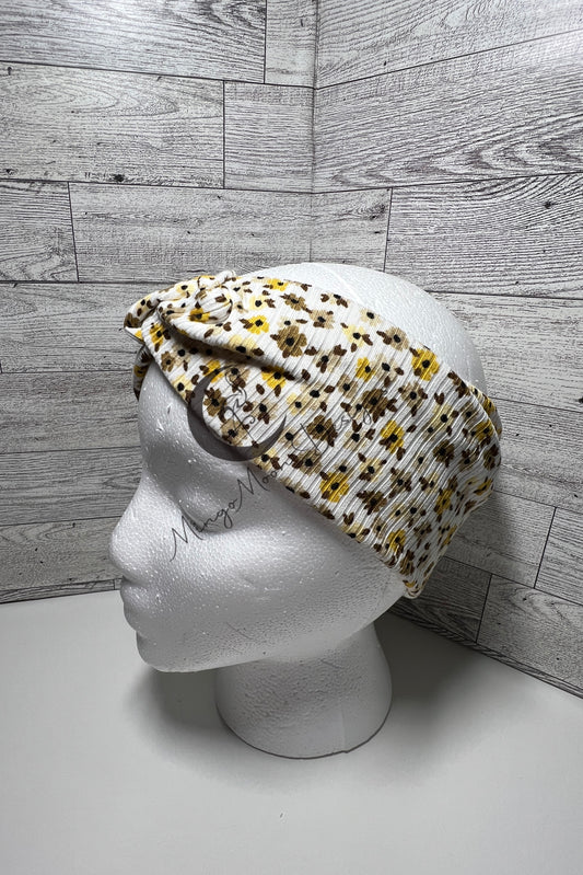 twisted headband - white ribbed fabric with brown, yellow, cream flowers