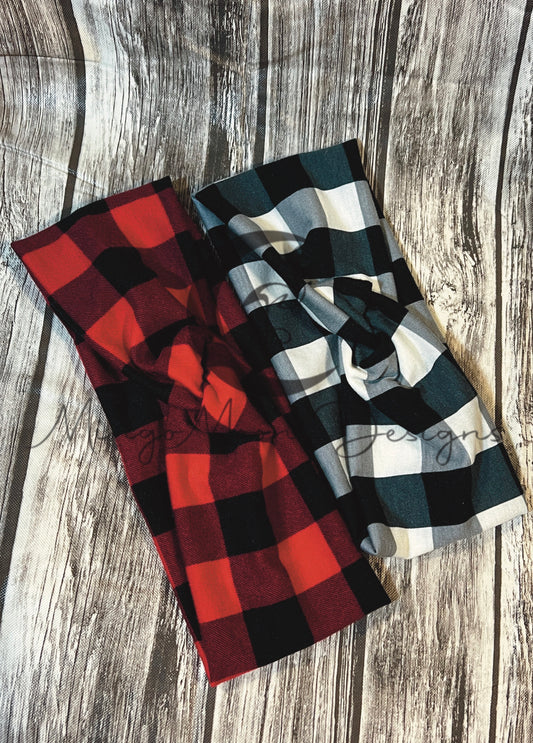 Red and black buffalo plaid or white and black buffalo plaid Twisted head band for adults./teens