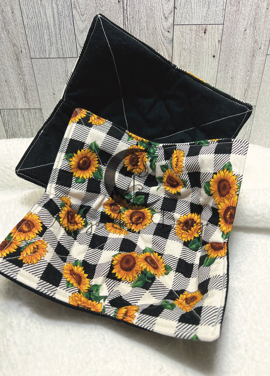 Sunflowers on white and black plaid with a solid black reverse side.