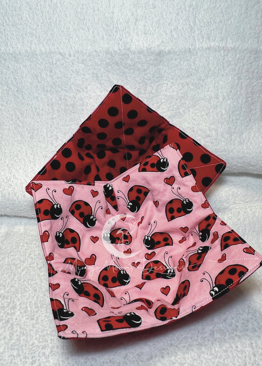 pink fabric with lady bugs and hearts with a red with black polka dot fabric as the back